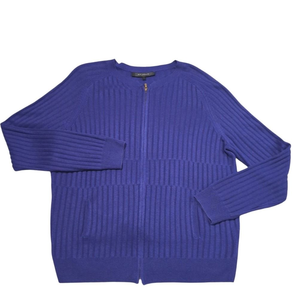 St. John Quiet Luxury Silk & Cashmere Womens size Large Full Zip Ribbed Cardigan